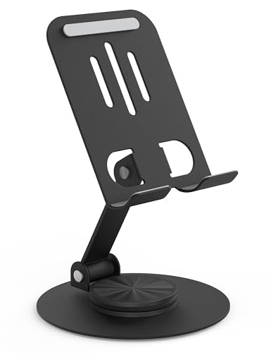 Metal Cell Phone Stand for Desk, Multi-Angel Adjustable 360° Rotation Desktop Phone Holder and Foldable Mobile Phone Stand, Compatible with iPhone 17 16 Pro Max and All Smartphones, Black - color: Black