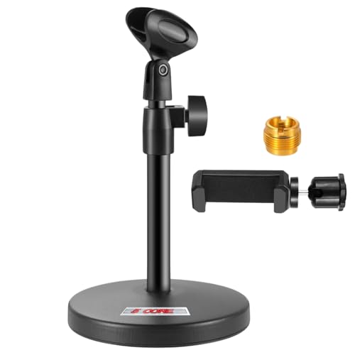 5 Core 3 in 1 Multi Function Desk Microphone Stand Adjustable Table Desktop Mic Stands with Microphone Cell Phone Clip to 3/8" Female to 5/8" Male Metal Adapter Black