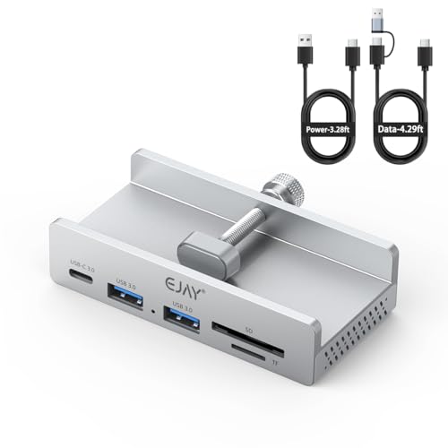 EJAY 5Ports USB3.0 HUB Alu Splitter Desktop Docking with Card Reader for Desk/Monitor Clipping with Extra Power Supply Port,59inches Data & 39inches Power Cable-5Gbps(Silver) - size: with SD Card Reader