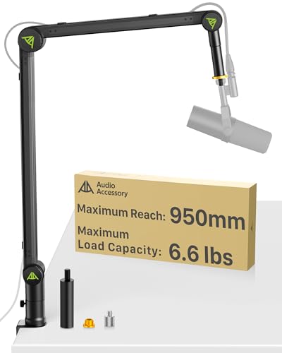 AA AUDIO ACCESSORY Design for Shure SM7B SM7dB MV7 Never-Sag Mic Boom Arm, Extra-Long 950mm Reach, 6.6lbs Load Capacity, Gear-Lock Suspension Microphone Stand Desk Mount for Blue Yeti Rode Heavy Mics - color: Black
