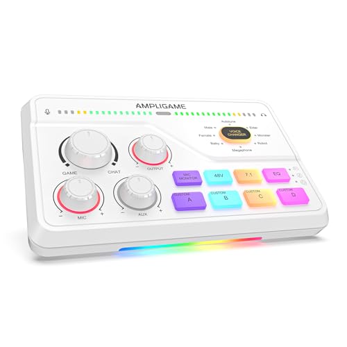 FIFINE Audio Mixer for Gaming with 7.1ch Surround Sound-Volume Knob-Mute-Voice Chat, RGB Computer Mixer with XLR Mic Interface Compatible wtih TV for Live Streaming-AmpliGame SC8W
