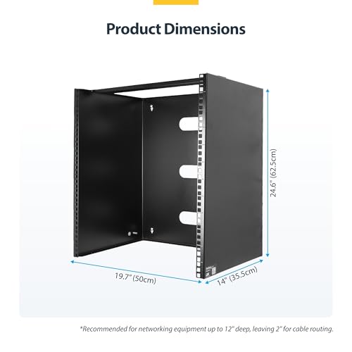 StarTech 14U 19in Wall-Mount Network Rack, 14in, 77lb (RACK-14U-14-BRACKET) | Low-profile shallow rack, M6 screws and cage nuts, Fits gear up to 12in deep, Rear cable slot, Steel - size: 14U