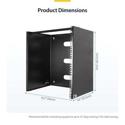 StarTech 14U 19in Wall-Mount Network Rack, 14in, 77lb (RACK-14U-14-BRACKET) | Low-profile shallow rack, M6 screws and cage nuts, Fits gear up to 12in deep, Rear cable slot, Steel - size: 14U