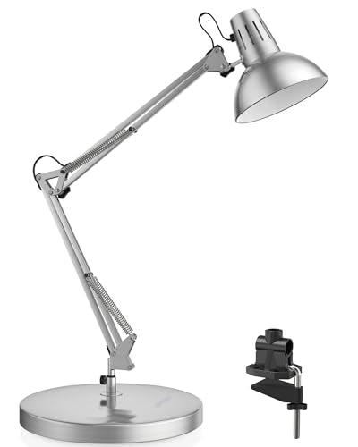 LEPOWER Metal Desk Lamp, Adjustable Goose Neck Architect Table Lamp with On/Off Switch, Swing Arm Desk Lamp with Clamp, Eye-Caring Reading Lamp for Bedroom, Study Room &Office (Silver) - color: Silver