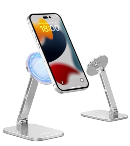 Aoviho Magnetic Phone Stand for MagSafe Adjustable - Aluminum Portable Phone Holder for Desk with 360° Rotating Head Compatible with iPhone 17/16/15/14/13/12 Pro Max and Magnetic Phone Case, Silver - color: Silver