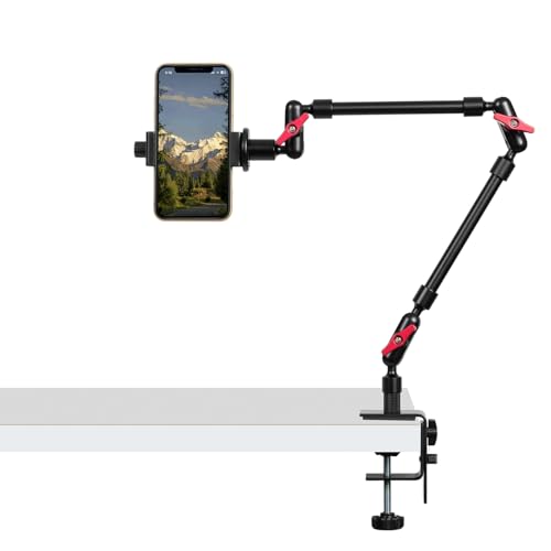 Magic Arm with Clamp, Long Articulating Arm Camera Mount, Adjustable Phone Mount Holder 360° Rotation, Mic Arm for Microphone, LED Lights, for Phone, Tripod, Desk, Table - size: 23"+clamp+phone clip