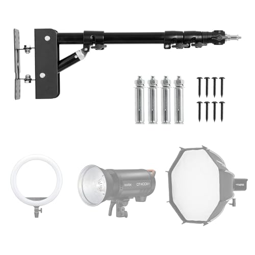 AMBITFUL Wall Mount Triangle Boom Arm, 43inch/110cm Adjustable Photography Light Bracket, 180° Rotatable Studio Wall Stand with 1/4" 3/8" Screws, 5kg Load for Barbershop Live Streaming Video Shooting - size: Boom Arm -110cm