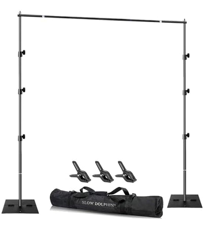 SLOW DOLPHIN Pipe and Drape Photography Backdrop Stand Kit Adjustable Photo Background Stand 10ft x 6ft with Metal Base for Parties Weddings Birthday Party Events Photo booth