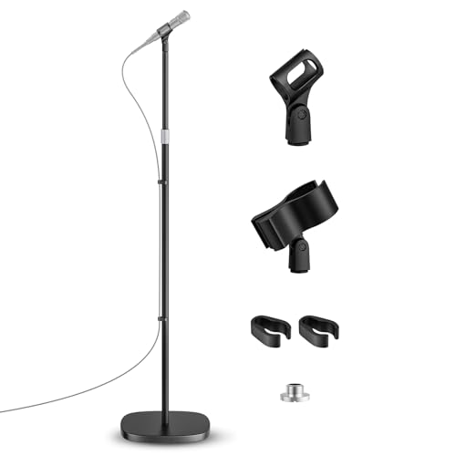 Microphone Stand, Universal Detachable Mic Floor Stand with Compact Weighted Base, Height Adjustable From 22’’ to 67’’, 2 Universal Mic Clips for Blue Yeti/Shure SM7B/Samson Q2U and More