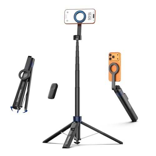 Kaitezenz Auto-Open Magnetic Selfie Stick Tripod for iPhone MagSafe, 71" Cell Phone Tirpod Stand with Metal Ring & Rechargeable Remote for Video Recording Vlogging Black
