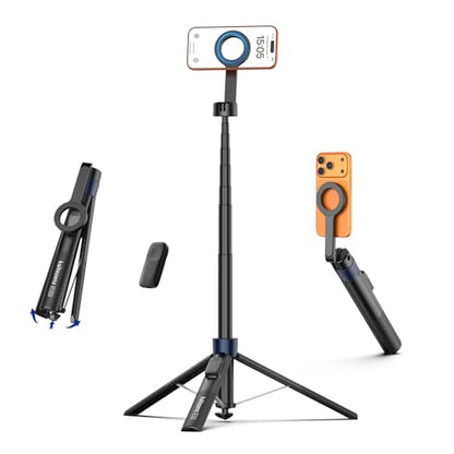 Kaitezenz Auto-Open Magnetic Selfie Stick Tripod for iPhone MagSafe, 71" Cell Phone Tirpod Stand with Metal Ring & Rechargeable Remote for Video Recording Vlogging Black