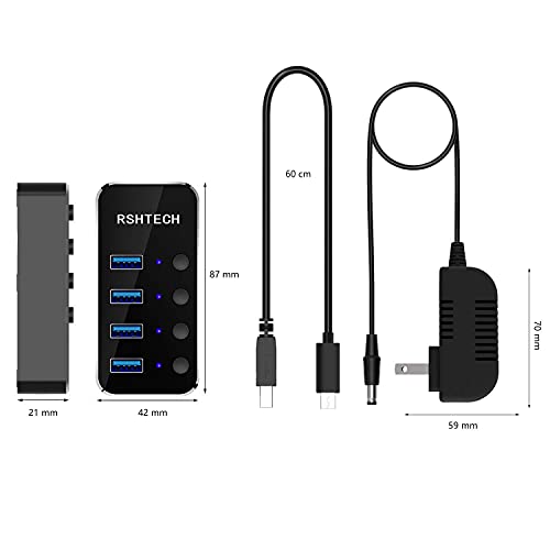 Powered USB hub RSHTECH 4 Port USB C to USB 3.0 Port Hub Expander Aluminum Portable USB 3.0 hub Splitter with 5V AC Adapter and Individual On/Off Switches (RSH-516-C) - size: 4-Port Powered USB C Hub