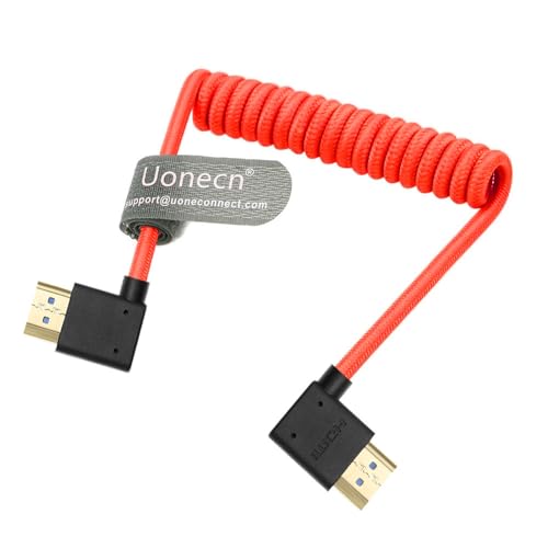 Uonecn Right Angle HDMI 2.1 Cable for Camera, 48Gbps 8K Braided Coiled HDMI for Atomos Ninja V, Portkeys BM5, Short HDMI Cable for Sony A7iv, Z-CAM F6, Z-Cam E2 Pro Cameras, Red, Left to Right - color: Red, size: Left Angle to Right Angle