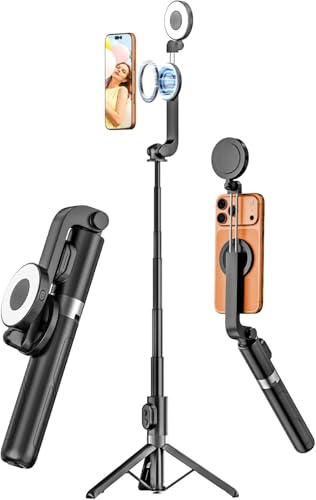 USKEYVISION Magnetic Selfie Stick Tripod with Light & Remote, Phone Tripod with Magnetic Holder for Magsafe, 360° Rotatable Cellphone Stand for iPhone/Android for Video Recording, Vlogging(SPT-02) - size: 49" Magnetic Selfie Stick with Light