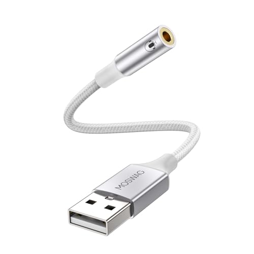 MOSWAG USB to 3.5mm Jack Audio Adapter,USB to Aux Cable with TRRS 4-Pole Mic-Supported Computer Headphone Microphone AUX Adapter External Sound Card for Laptop PC PS4 PS5 (0.65Feet/20cm, White) - color: White, size: 1 pack