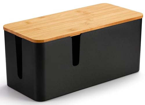 ZhiYo Large Cable Management Box, Thick ABS Power Strip Organizer, Black | Extra-Tall Design for Oversized Adapters, Natural Bamboo Lid, Fits Power Strips Up to 12.5" Long, Ideal for Desks, TV Areas - color: Black, size: Large