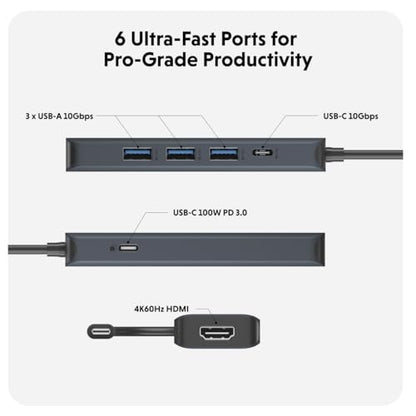 HyperDrive Next 6 Port USB Hub – USB C to HDMI 4K60Hz Display, 10Gbps Data Transfer, 100W Power Delivery Charging, 3X USB-A — Compatible w/MacBook Pro, MacBook Air, PC, and Chromebook - size: 6 Port USB-C Hub with 3x USB-A