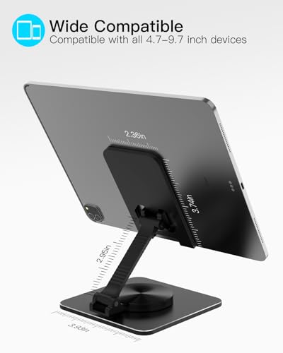 Adjustable Phone & Tablet Stand, Fits 4–9.7in Devices, Black | 360° Viewing Flexibility • Reinforced Aluminum Build • Dual-Hinge Adjustment • Travel-Ready Storage - color: Black