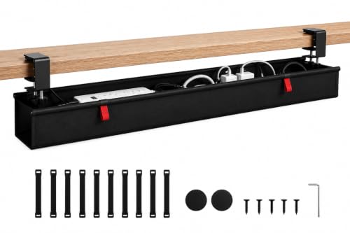 Under Desk Cable Management Tray, 90CM Extra Large, No-Drill Clamp Mount Cable Organizer, Hide Power Strips, Adapters & Wires, Easy Access Fabric Cable Basket for Standing Desks & Home Offices