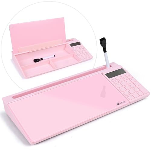 Varhomax Glass Desk Whiteboard Pink with Calculator, Desktop Dry Erase White Board with Storage, to Do List Memo Notepad for Home and Office - color: Calculator-pink