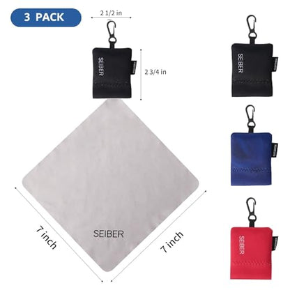 SEIBER Eyeglass Cleaning Microfiber Cloth, 7x7 inch, 3PCS, BK Blue Red | For Glasses, Laptops, Cameras, Screen, With Neoprene Pouch, Self-Closing Bottom - color: Bk Red Blue-(3pack)