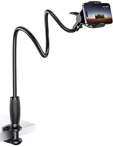 Lamicall Gooseneck Phone Holder for Bed - [Upgraded Stable Clip] for Desk, Headboard, Bed, Bedside, Table, Flexible Gooseneck Long Arm Stand, Overhead Cell Phone Clamp Mount, Gift for All 4-7” Device - color: black