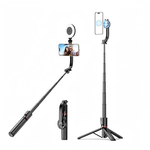 Magnetic Mini Extendable Selfie Stick Tripod Holder Stand with Fill Light Bluetooth Wireless Remote for iPhone 15 14 13 12 & Android