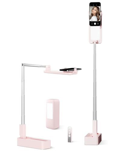 SupeDesk Phone Stand for Recording, Overhead Phone Mount with Light, Selfie Stand,Portable,Extendable,360° Rotate,Adjustable,Wireless Remote,Rechargeable, for 3.5-6.9" Phones, Live Streaming - color: Pink