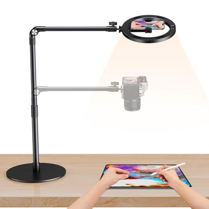 elitehood Overhead Phone Mount with Light for Video Recording, Adjustable Desk Ring Light with Stand and Phone Holder, Heavy Duty Overhead Camera Mount Tripod for iPhone Cooking Video, Filming Meeting - style: Desk Stand with Light
