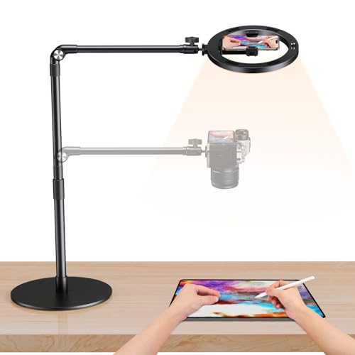 elitehood Overhead Phone Mount with Light for Video Recording, Adjustable Desk Ring Light with Stand and Phone Holder, Heavy Duty Overhead Camera Mount Tripod for iPhone Cooking Video, Filming Meeting - style: Desk Stand with Light