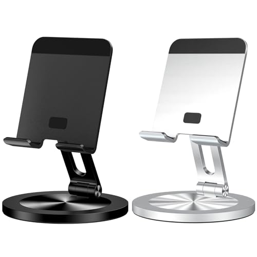 Phone Stand for Desk, 360° Rotating Dual Adjustable Foldable Holder, Heavy Solid All-Aluminum Base Anti-Slip Stable Support for Home Office Study, Fits iPhone Galaxy 4-8" Phones (Black+Silver) - color: Black+Silver