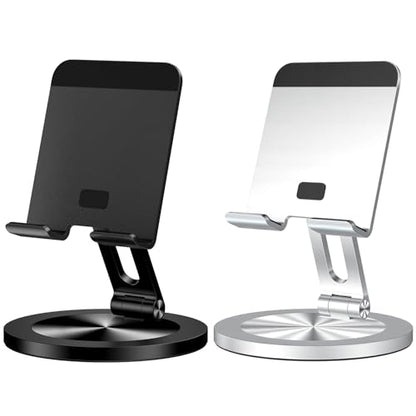 Phone Stand for Desk, 360° Rotating Dual Adjustable Foldable Holder, Heavy Solid All-Aluminum Base Anti-Slip Stable Support for Home Office Study, Fits iPhone Galaxy 4-8" Phones (Black+Silver) - color: Black+Silver