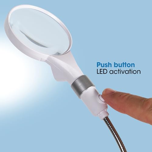 OttLite LED Clip and Freestanding Magnifier Lamp, White | 3x and 6x Interchangeable Magnifiers | Adjustable Gooseneck 2.75"-16.625" | Battery-Powered
