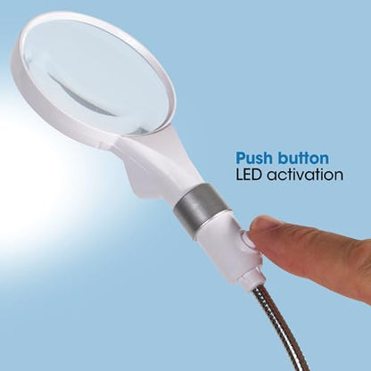 OttLite LED Clip and Freestanding Magnifier Lamp, White | 3x and 6x Interchangeable Magnifiers | Adjustable Gooseneck 2.75"-16.625" | Battery-Powered