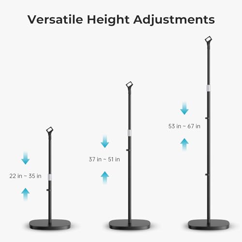 Microphone Stand, Universal Detachable Mic Floor Stand with Compact Weighted Base, Height Adjustable From 22’’ to 67’’, 2 Universal Mic Clips for Blue Yeti/Shure SM7B/Samson Q2U and More