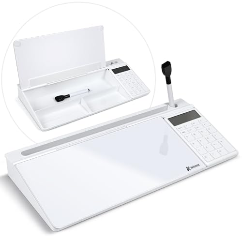 Varhomax Glass Desk Whiteboard with Calculator, Desktop Dry Erase White Board with Storage, to Do List Memo Notepad for Home and Office - color: Calculator-white