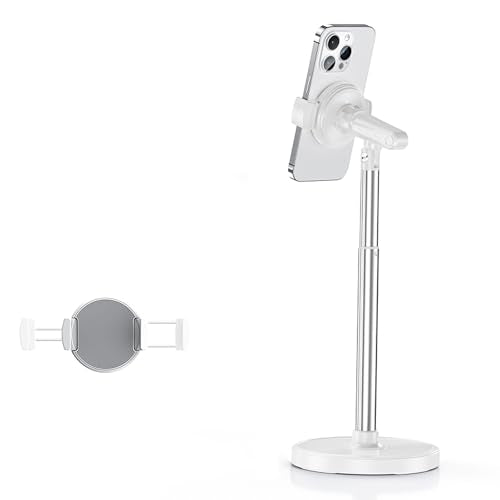 Height Adjustable Phone Stand for Desk, Retractable Desktop Phone Holder, 180° Flip & 360° Rotation Design，Compatible with iPhone/Android Devices,Ideal for Live Streaming and Video Recording (White)
