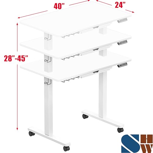 SHW 40-Inch Mobile Electric Height Adjustable Sit to Stand Desk with Drawer, Hanging Hooks and Cable Management, White - color: White