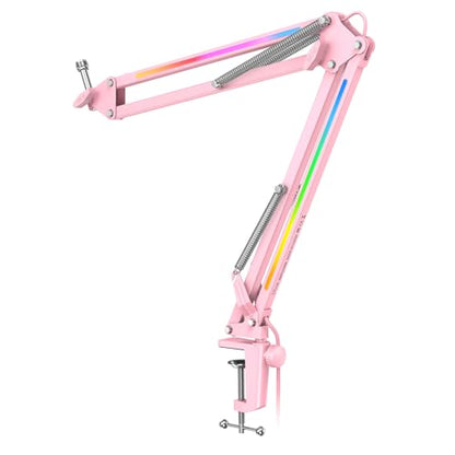 FIFINE Microphone Boom Arm, Metal Adjustable Mic Arm Stand with RGB Button, 3/8” to 5/8” Screw Adapter, Desk Mount Clamp, Suspension Scissor Mic Stand for Gaming Streaming Podcast-AmpliGame BM38P - color: Pink