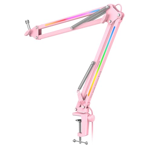 FIFINE Microphone Boom Arm, Metal Adjustable Mic Arm Stand with RGB Button, 3/8” to 5/8” Screw Adapter, Desk Mount Clamp, Suspension Scissor Mic Stand for Gaming Streaming Podcast-AmpliGame BM38P - color: Pink