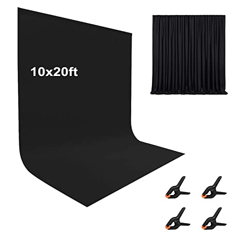 10X20ft Black Photo Backdrops for Photography, LCUIRC Two Rod Pocket Backdrops Curtain for Parties, Polyester Fabric Background with 4 Clamps for Product Protrait Photoshoot or Parties Decoration - color: 10x20ft Black