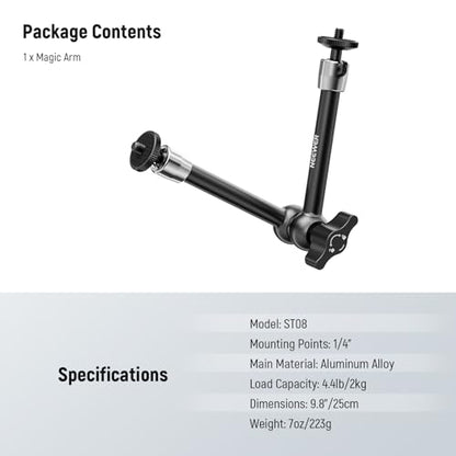 NEEWER 9.8"/25cm Adjustable Friction Magic Arm with 1/4" Screw on Both Ends, Compatible with SmallRig Cage, Flash/LED Light/Microphone/Monitor/SuperClip, Max Load 4.4lb/2kg, ST08 - style: 9.8"/25cm