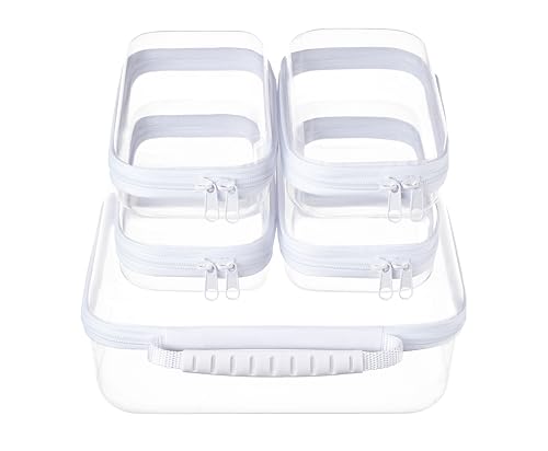 5PCS Travel Essentials for Toiletries with Handles, 1.2MM Thick Clear Hard Shell Zipper Case, Durable Makeup Bag for Cosmetics, Puzzles and Snacks, Clear Travel Bag for Diaper Bag Organizer - color: White, size: Handle L+4S