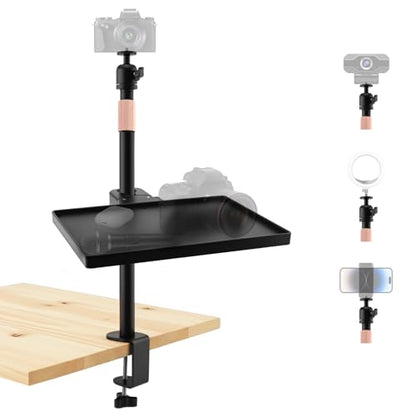 Extendable Camera Desk Mount Stand, Detachable Tray Clamp-on Shelf Tabletop C-Clamp 1/4" Screw Ball Head Steel Bracket for DSLR Camera, Ring Light, Live Stream, Vlog, Online Teaching,Photography - style: Clamp Stand + Tray