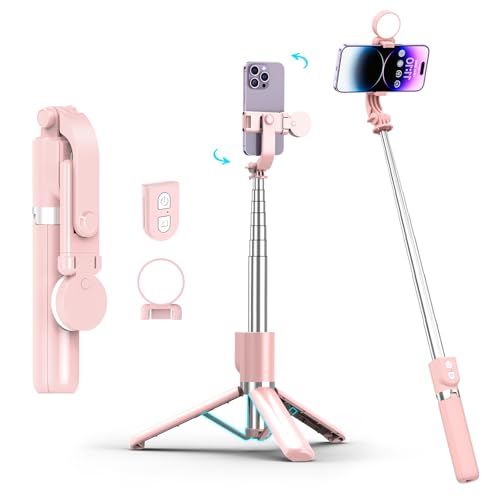 Selfie Stick with Rechargable Remote & Light (1PC), Tripod for iPhone, Cell Phone Stand for Video Recording, Portable Travel Essentials Smartphone Mount Holder, Extendable Vlogging Filming Accessories - color: Rose Pink