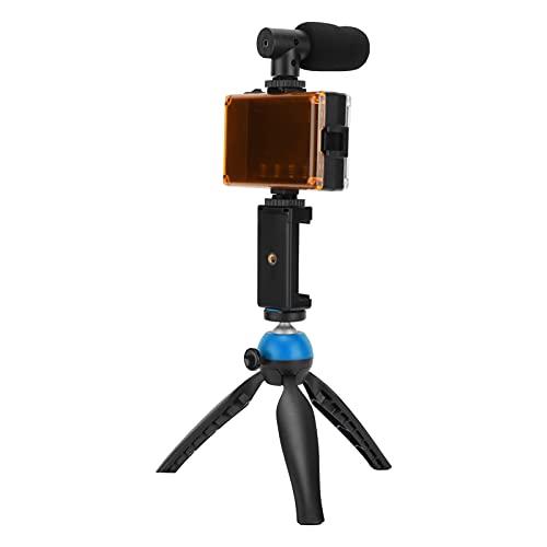 Portable Live Video Kit, Mobile Phone Photography Set with Fill Light Microphone Tripod and Phone Holder for Vlogging Live Streaming (Blue) - color: Blue