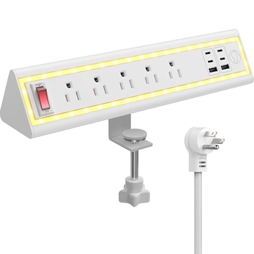 Desk Clamp Power Strip with Nightlight, 40W Fast Charging, 6FT Extension Cord, 4x20W USB-C & 2 USB Ports, 5 AC Outlets, Fits 1.69-Inch Table Edges - color: White