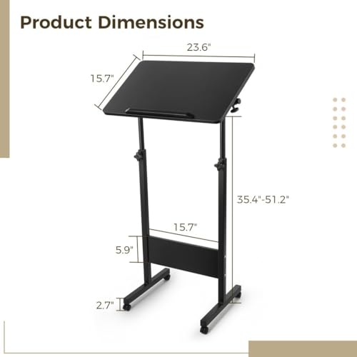 Mobile Podium, Adjustable Standing Desk with Caster Wheels, Adjustable Height 360° Swivel Desktop, Versatile Podium Laptop Desk Stand Up Desk Easel Presentation Lectern (Black) - color: Black