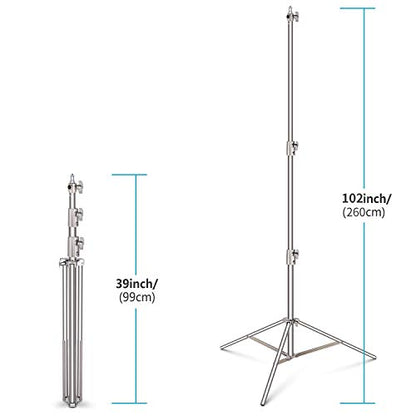 NEEWER 102"/2.6m Stainless Steel Light Stand, Spring Cushioned Heavy Duty Photography Tripod with 1/4” to 3/8” Universal Screw Adapter for Strobe, LED Video Lighting, Ringlight, Monolight, Softbox - style: ST-260SS