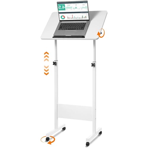 Mobile Podium, Adjustable Standing Desk with Caster Wheels, Adjustable Height 360° Swivel Desktop, Versatile Podium Laptop Desk Stand Up Desk Easel Presentation Lectern (White) - color: White